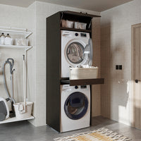 Roomart Waschmaschinenschrank für Trockner & Waschmaschine, in 3 Farben, mit Ausziehbrett • Weiß • Eiche • Schwarz Eiche - waschmaschinenuntergestelle, dämpfer waschmaschine, waschmaschinen aufsatz für trockner, unterschrank waschmaschine, kühlschrank erh