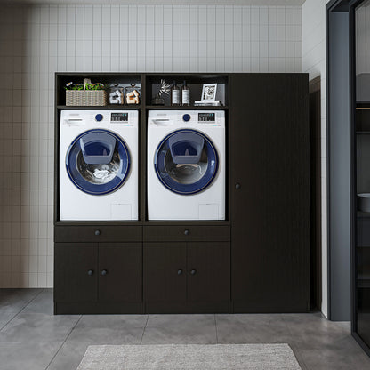 Roomart Waschmaschinenschrank SERIE 3 – 194 cm breit, 2× Waschmaschine nebeneinander mit Ausziehbrett & Hochschrank – Waschküche & Hauswirtschaftsraum – Eiche / Schwarz-Eiche / Weiß