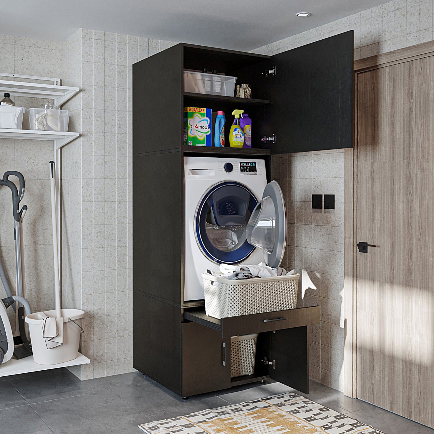 Roomart A3+B1 Waschmaschinenschrank 205 cm – Überbau, Ausziehbrett, Schublade | 3 Farben