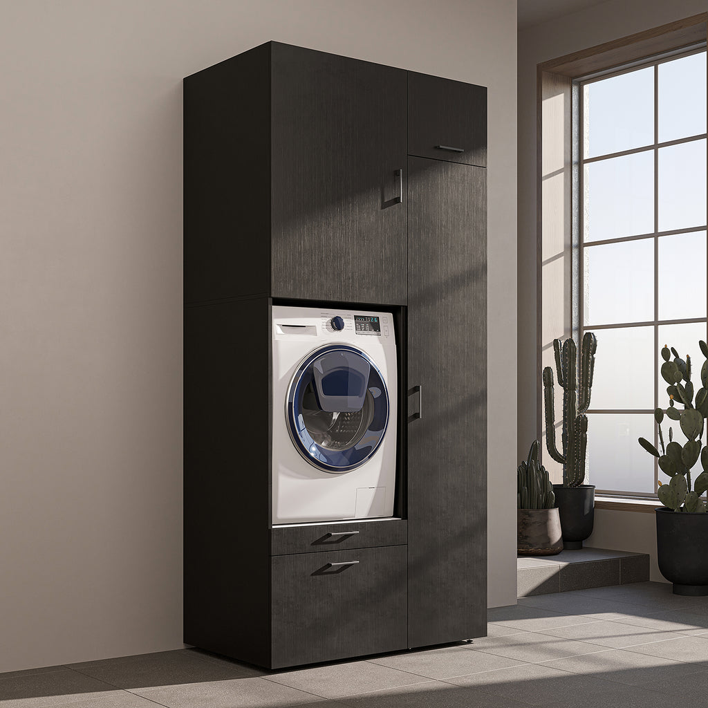 Roomart Waschmaschinenschrank mit Ausziehbrett, 112 cm breit - SERIE 2  – Waschmaschinenüberbau für Waschmaschine & Trockner, Waschturm-Schrank mit Stauraum für Bad & Waschküche