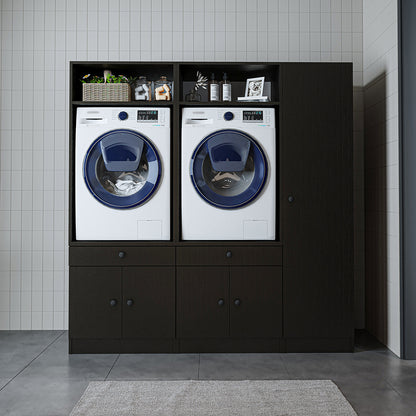 Roomart Waschmaschinenschrank Doppelschrank SERIE 3 – 179 cm breit, 2× Waschmaschine nebeneinander mit Ausziehbrett & Hochschrank – Waschküche & Hauswirtschaftsraum – Eiche / Schwarz-Eiche / Weiß