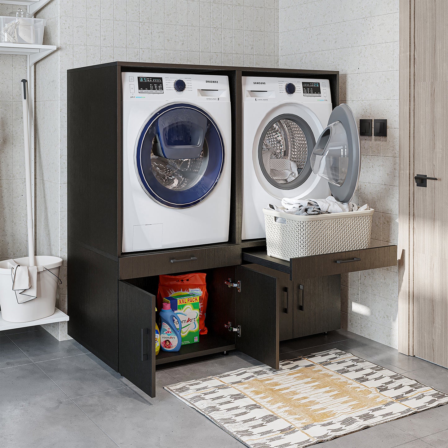 Roomart Waschmaschinenschrank - SERIE 3 –  134 cm breit, Doppelschrank Überbauschrank, mit Ausziehbrett, Waschturm für Waschmaschine & Trockner, in 3 Farben