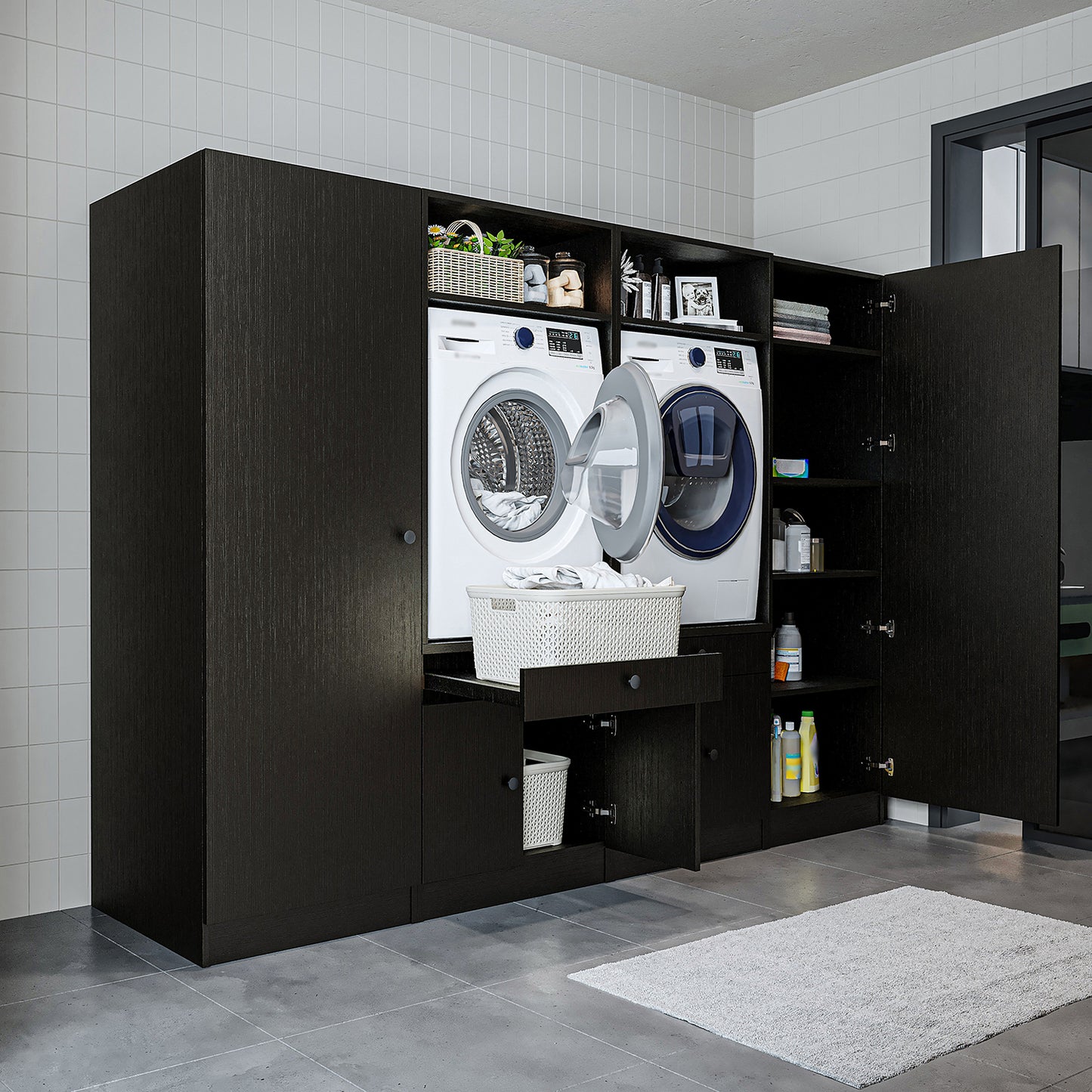 Roomart Waschmaschinenschrank SERIE 3 – 194 cm breit, 2× Waschmaschine nebeneinander mit Ausziehbrett & Hochschrank – Waschküche & Hauswirtschaftsraum – Eiche / Schwarz-Eiche / Weiß