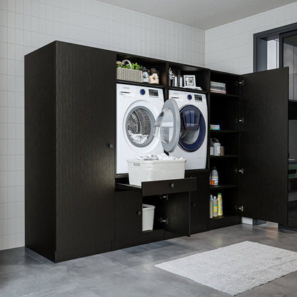 Roomart Waschmaschinenschrank SERIE 3 – 194 cm breit, 2× Waschmaschine nebeneinander mit Ausziehbrett & Hochschrank – Waschküche & Hauswirtschaftsraum – Eiche / Schwarz-Eiche / Weiß