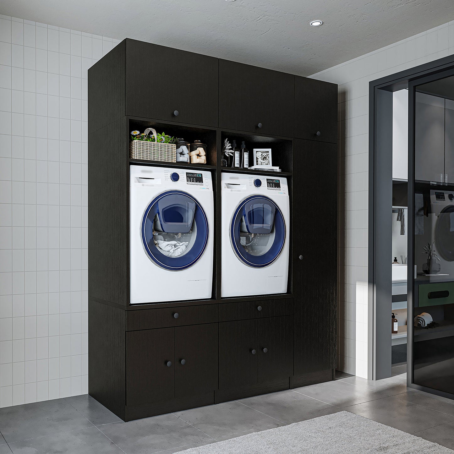 Roomart Waschmaschinenschrank SERIE 3 – 179 cm breit, 2× Waschmaschine nebeneinander mit Klappschrank, Ausziehbrett & Hochschrank – Waschküche & Hauswirtschaftsraum – Eiche / Schwarz-Eiche / Weiß