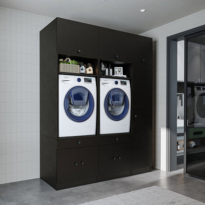 Roomart Waschmaschinenschrank SERIE 3 – 179 cm breit, 2× Waschmaschine nebeneinander mit Klappschrank, Ausziehbrett & Hochschrank – Waschküche & Hauswirtschaftsraum – Eiche / Schwarz-Eiche / Weiß