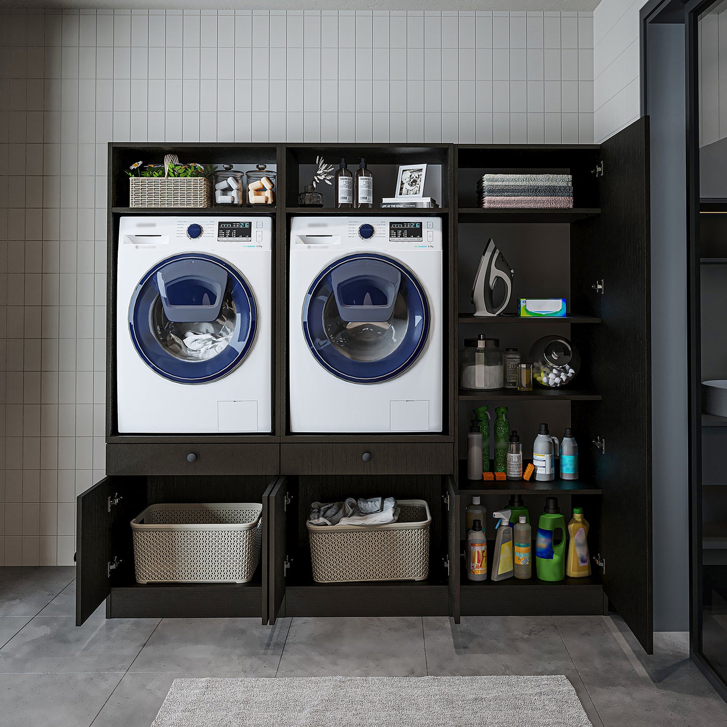 Roomart Waschmaschinenschrank SERIE 3 – 194 cm breit, 2× Waschmaschine nebeneinander mit Ausziehbrett & Hochschrank – Waschküche & Hauswirtschaftsraum – Eiche / Schwarz-Eiche / Weiß
