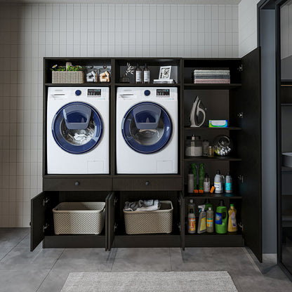 Roomart Waschmaschinenschrank SERIE 3 – 194 cm breit, 2× Waschmaschine nebeneinander mit Ausziehbrett & Hochschrank – Waschküche & Hauswirtschaftsraum – Eiche / Schwarz-Eiche / Weiß