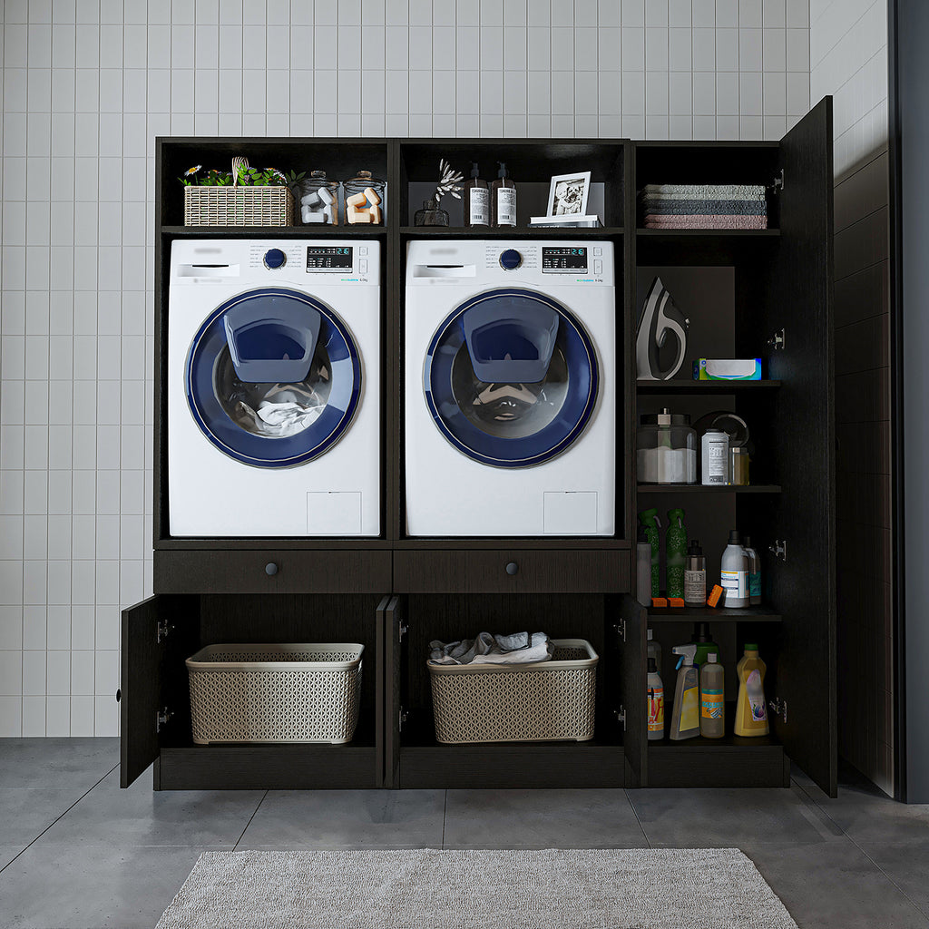 Roomart Waschmaschinenschrank Doppelschrank SERIE 3 – 179 cm breit, 2× Waschmaschine nebeneinander mit Ausziehbrett & Hochschrank – Waschküche & Hauswirtschaftsraum – Eiche / Schwarz-Eiche / Weiß