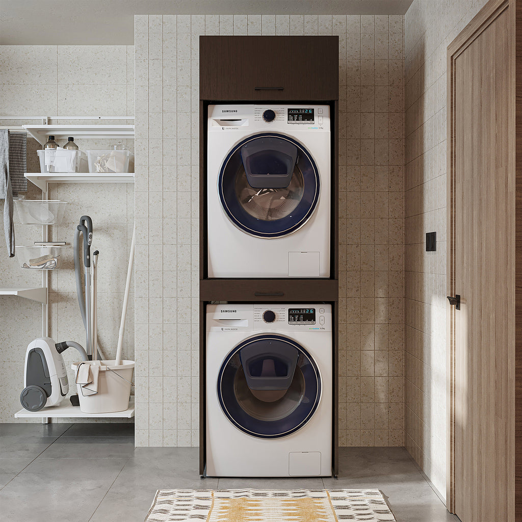 Roomart Waschmaschinenschrank für Trockner & Waschmaschine, in 3 Farben, mit Ausziehbrett • Weiß • Eiche • Schwarz Eiche - waschmaschinenuntergestelle, dämpfer waschmaschine, waschmaschinen aufsatz für trockner, unterschrank waschmaschine, kühlschrank erh