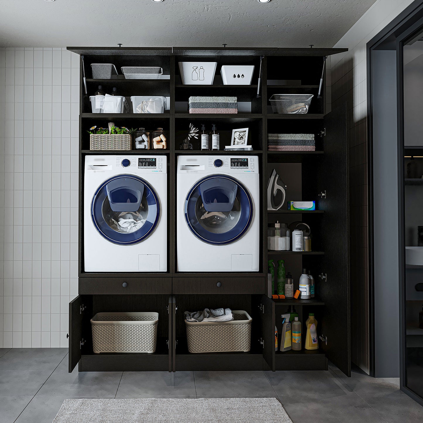 Roomart Waschmaschinenschrank SERIE 3 – 179 cm breit, 2× Waschmaschine nebeneinander mit Klappschrank, Ausziehbrett & Hochschrank – Waschküche & Hauswirtschaftsraum – Eiche / Schwarz-Eiche / Weiß