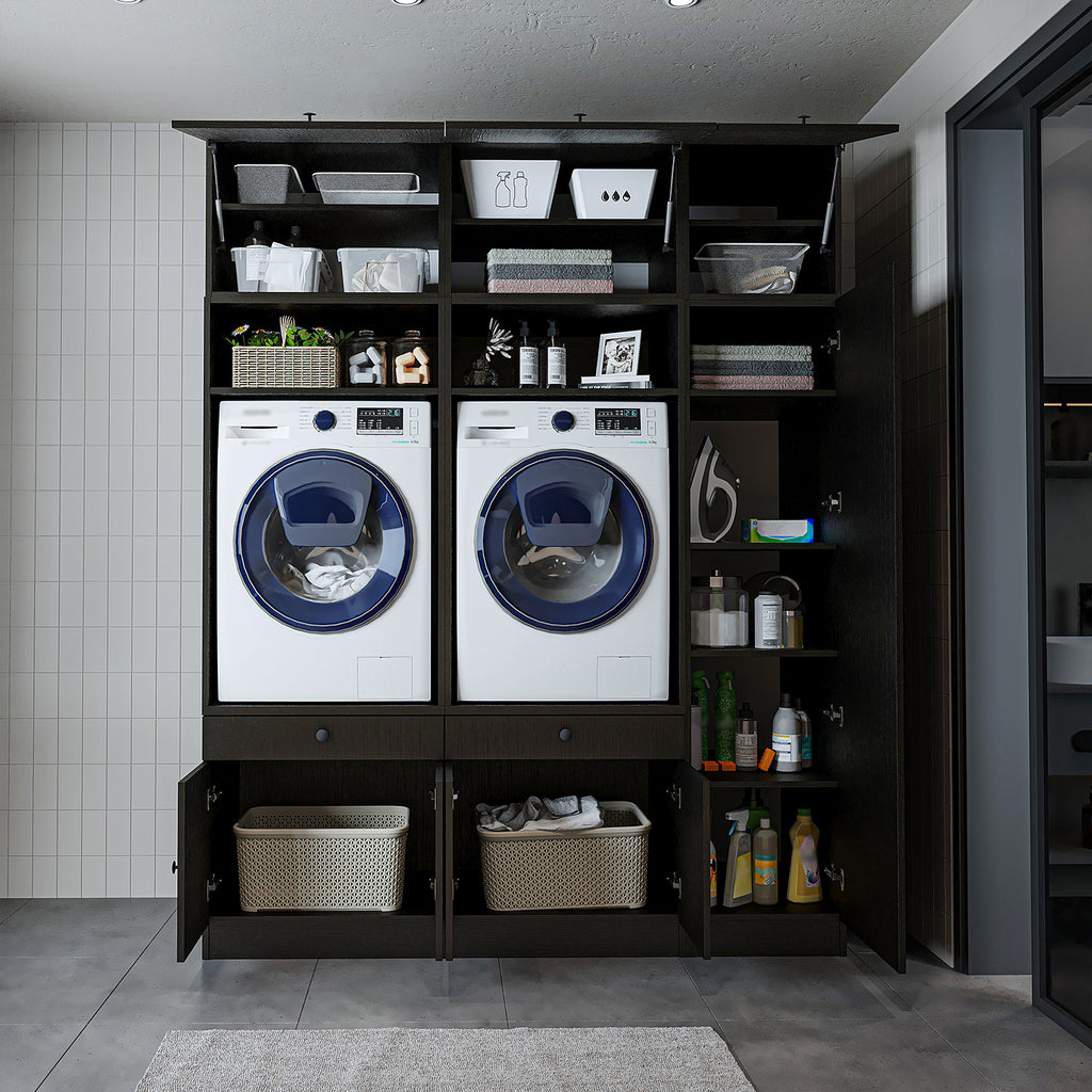 Roomart Waschmaschinenschrank SERIE 3 – 179 cm breit, 2× Waschmaschine nebeneinander mit Klappschrank, Ausziehbrett & Hochschrank – Waschküche & Hauswirtschaftsraum – Eiche / Schwarz-Eiche / Weiß