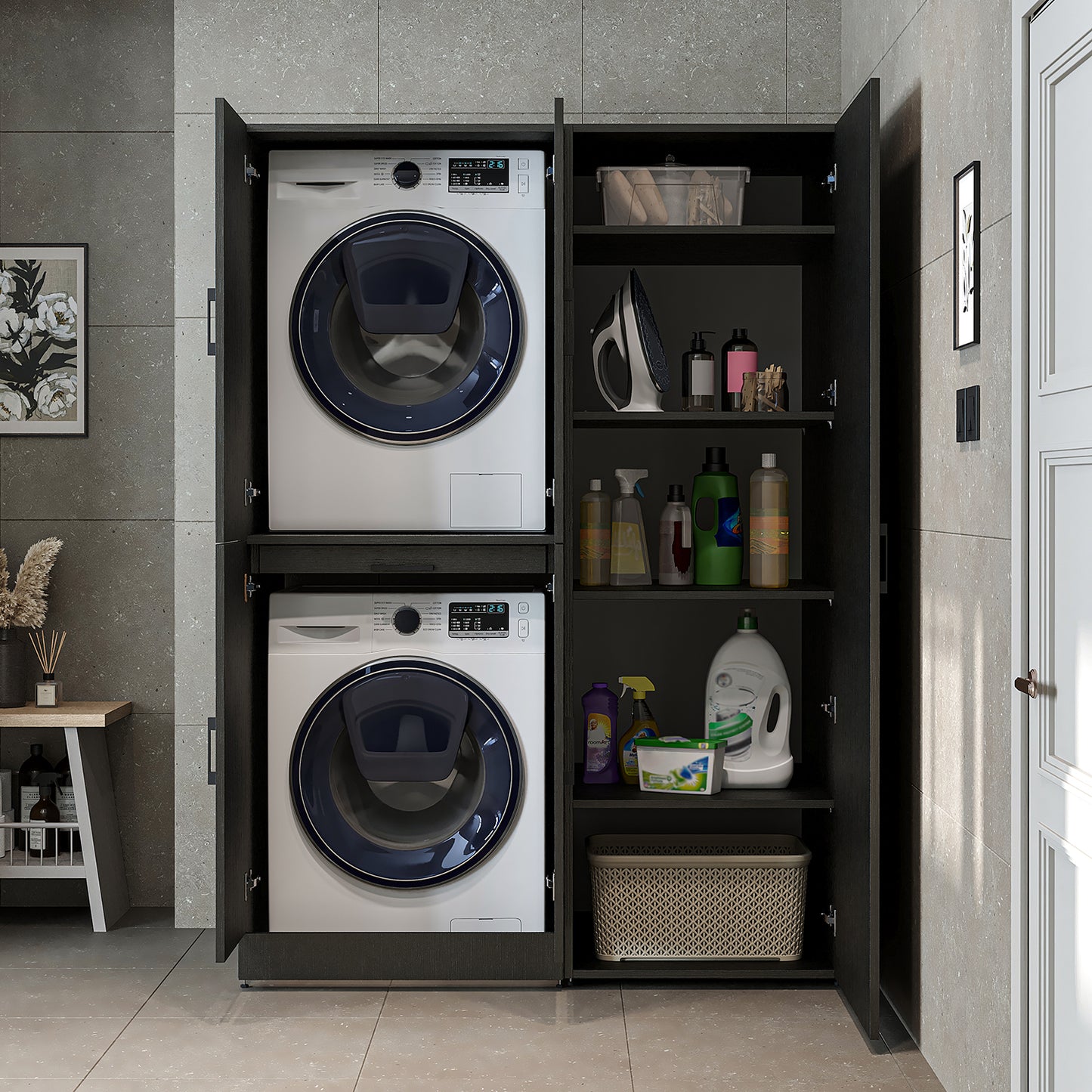 Roomart Waschmaschinenschrank- DORA-I- 130 cm breit – Waschmaschinen- & Trockner-Überbau mit Türen und Ausziehplatte, Bad & Waschküche, 5 Farben