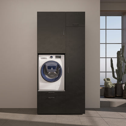 Roomart Waschmaschinenschrank mit Ausziehbrett, 112 cm breit - SERIE 2  – Waschmaschinenüberbau für Waschmaschine & Trockner, Waschturm-Schrank mit Stauraum für Bad & Waschküche