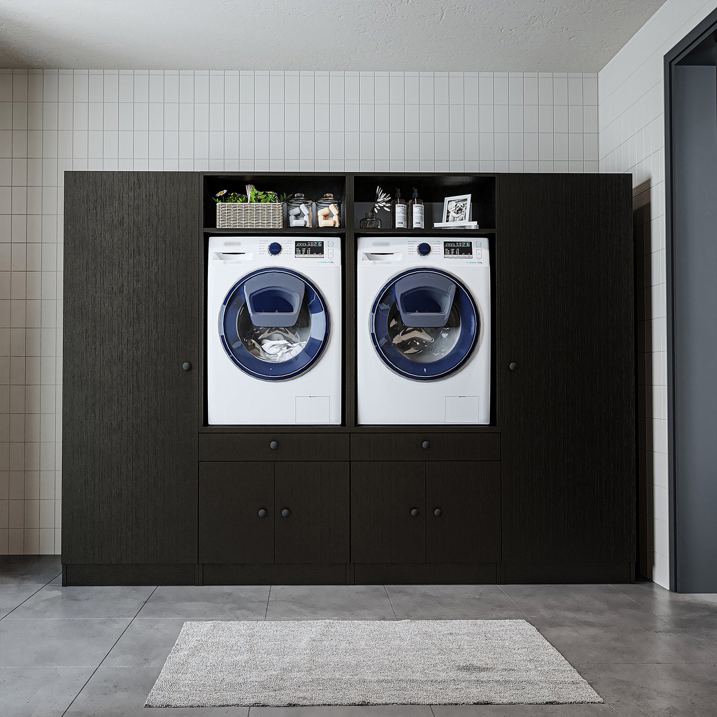 Roomart Waschmaschinenschrank SERIE 3 – 194 cm breit, 2× Waschmaschine nebeneinander mit Ausziehbrett & Hochschrank – Waschküche & Hauswirtschaftsraum – Eiche / Schwarz-Eiche / Weiß