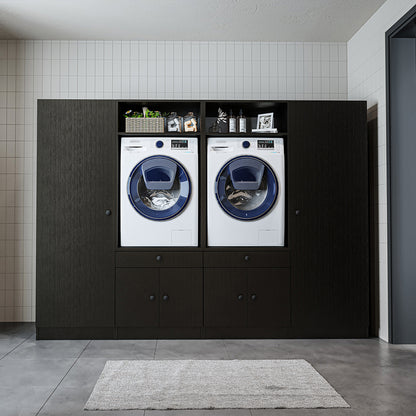 Roomart Waschmaschinenschrank SERIE 3 – 194 cm breit, 2× Waschmaschine nebeneinander mit Ausziehbrett & Hochschrank – Waschküche & Hauswirtschaftsraum – Eiche / Schwarz-Eiche / Weiß
