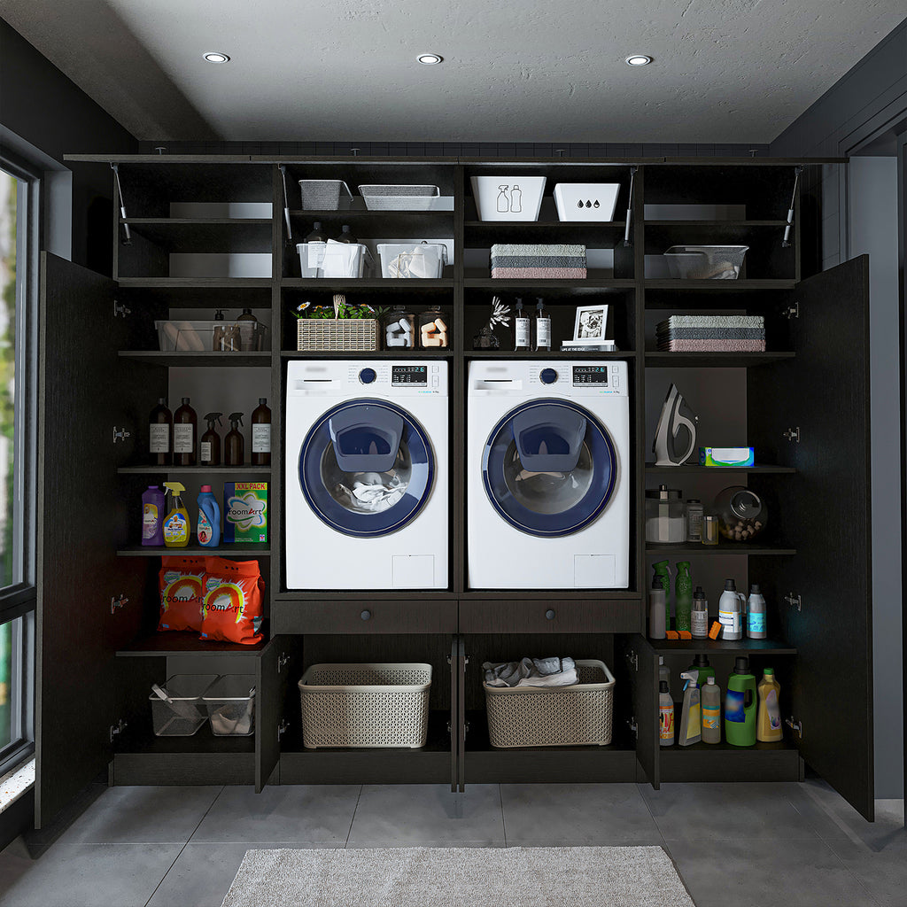 Roomart mueble de pared para lavadero - 254 cm de ancho - con estante extraíble - en - blanco - roble - roble negro - mueble de baño, lavabo, mueble de baño, mueble de baño, baño, con, mueble de baño, mueble de baño, conjunto, lavabo, mueble, ba