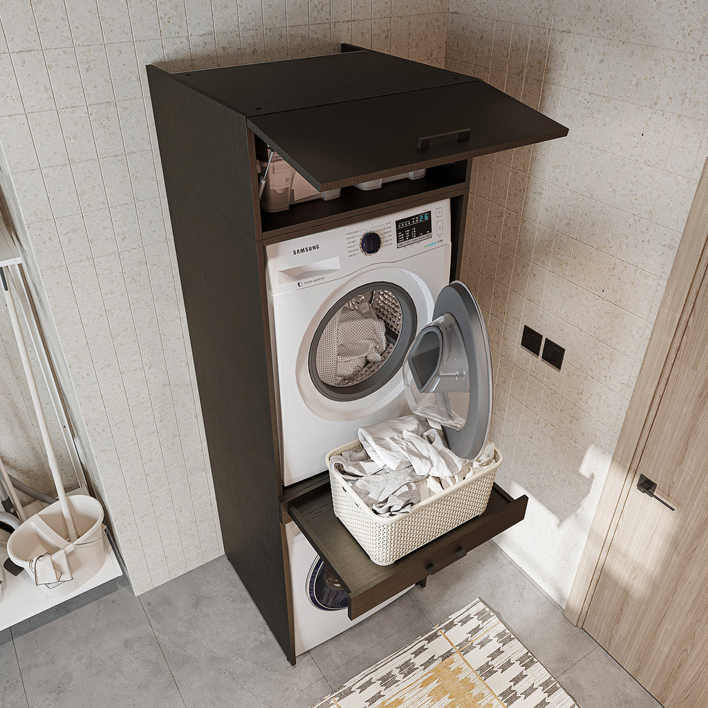 Roomart Waschmaschinenschrank für Trockner & Waschmaschine, in 3 Farben, mit Ausziehbrett • Weiß • Eiche • Schwarz Eiche - waschmaschinenuntergestelle, dämpfer waschmaschine, waschmaschinen aufsatz für trockner, unterschrank waschmaschine, kühlschrank erh