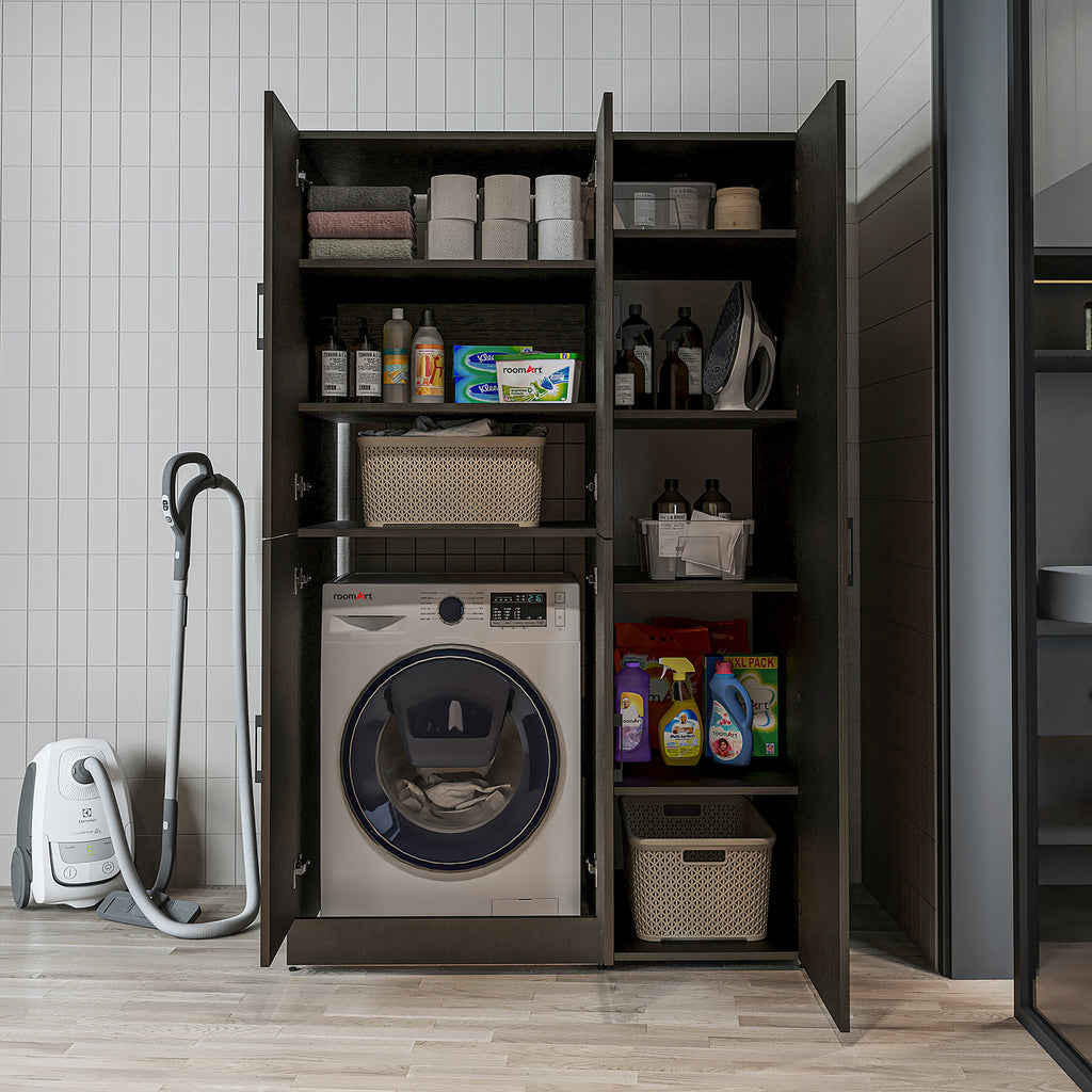 Roomart Waschmaschinenschrank „DORA 115 cm Breit“ für Waschmaschine & Trockner mit Regalböden, in 5 Farben • Weiß • Weiß Eiche • Anthrazit Eiche • Eiche • Schwarz Eiche