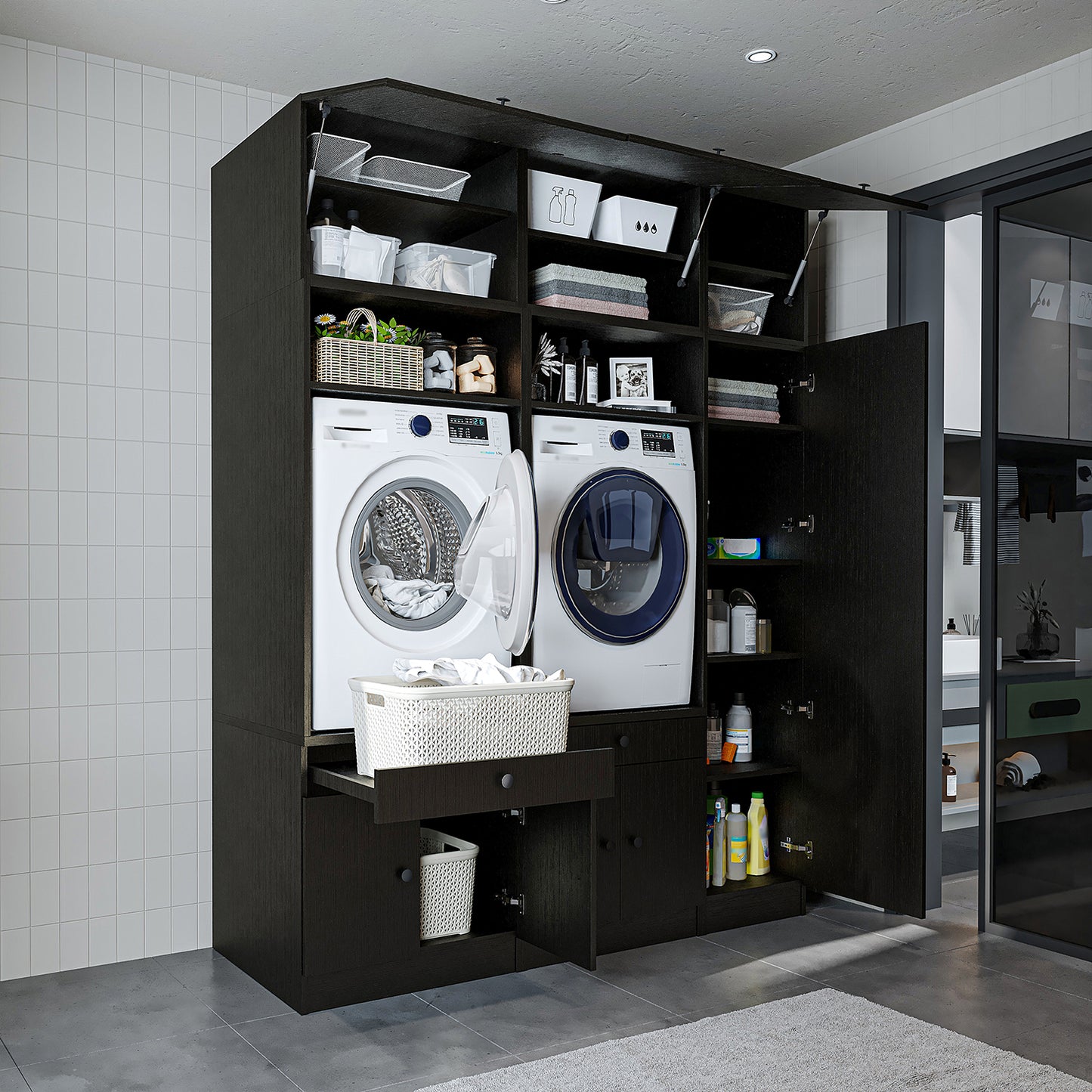 Roomart Waschmaschinenschrank SERIE 3 – 179 cm breit, 2× Waschmaschine nebeneinander mit Klappschrank, Ausziehbrett & Hochschrank – Waschküche & Hauswirtschaftsraum – Eiche / Schwarz-Eiche / Weiß