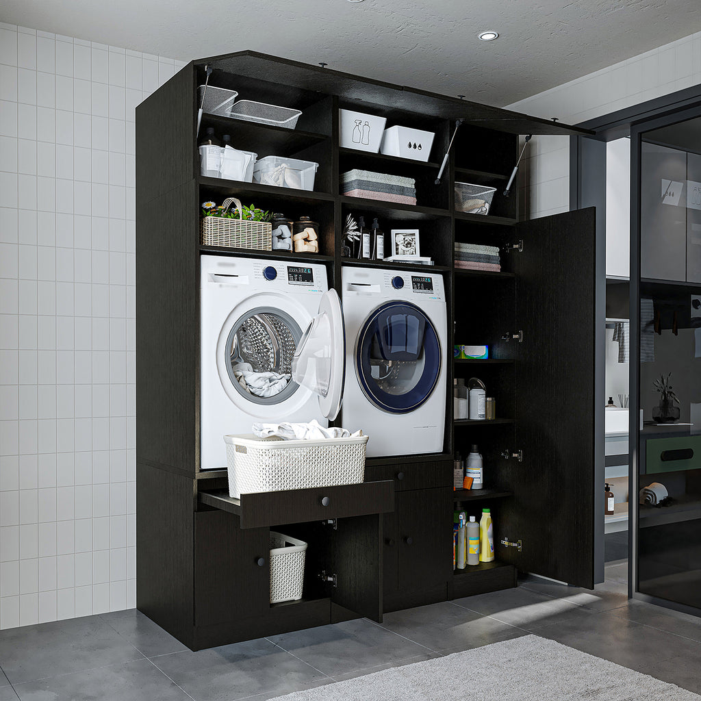 Roomart Waschmaschinenschrank SERIE 3 – 179 cm breit, 2× Waschmaschine nebeneinander mit Klappschrank, Ausziehbrett & Hochschrank – Waschküche & Hauswirtschaftsraum – Eiche / Schwarz-Eiche / Weiß