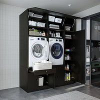 Roomart Waschmaschinenschrank SERIE 3 – 179 cm breit, 2× Waschmaschine nebeneinander mit Klappschrank, Ausziehbrett & Hochschrank – Waschküche & Hauswirtschaftsraum – Eiche / Schwarz-Eiche / Weiß
