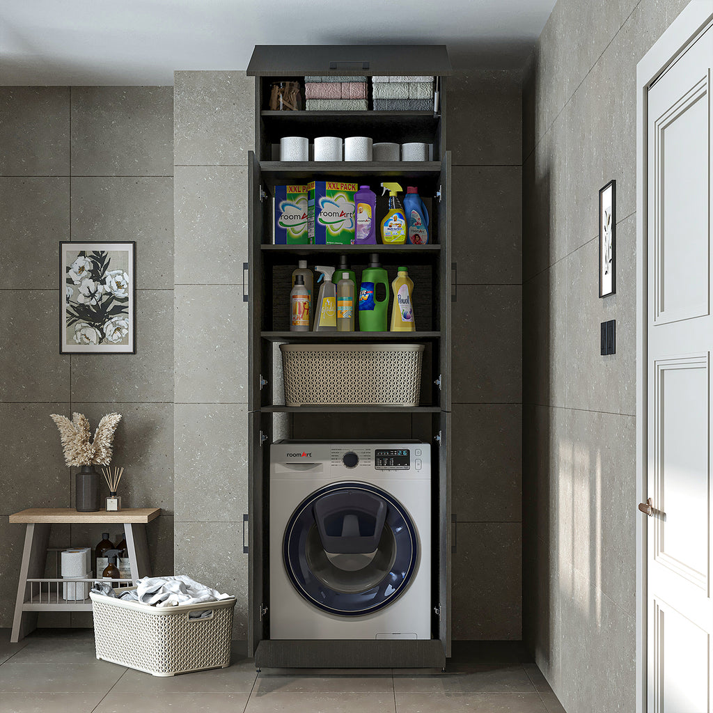 Roomart Waschmaschinenschrank „DORA“ für Waschmaschine & Trockner mit Regalböden, in 5 Farben • Weiß • Weiß Eiche • Anthrazit Eiche • Eiche • Schwarz-Eiche