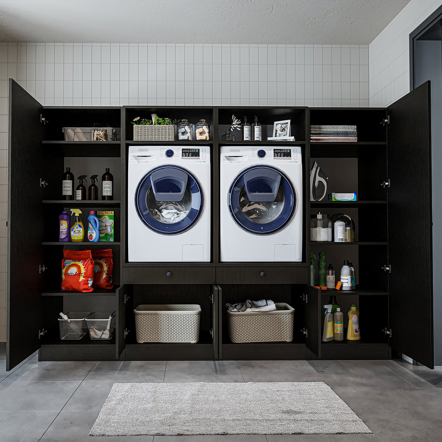 Roomart Waschmaschinenschrank SERIE 3 – 194 cm breit, 2× Waschmaschine nebeneinander mit Ausziehbrett & Hochschrank – Waschküche & Hauswirtschaftsraum – Eiche / Schwarz-Eiche / Weiß