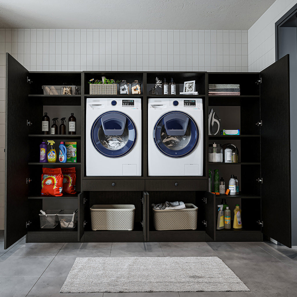 Roomart Waschmaschinenschrank SERIE 3 – 194 cm breit, 2× Waschmaschine nebeneinander mit Ausziehbrett & Hochschrank – Waschküche & Hauswirtschaftsraum – Eiche / Schwarz-Eiche / Weiß