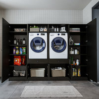 Roomart mueble de pared para lavadero - 254 cm de ancho - con estante extraíble - en - blanco - roble - roble negro - mueble de baño, lavabo, mueble de baño, mueble de baño, baño, con, mueble de baño, mueble de baño, conjunto, lavabo, mueble, ba