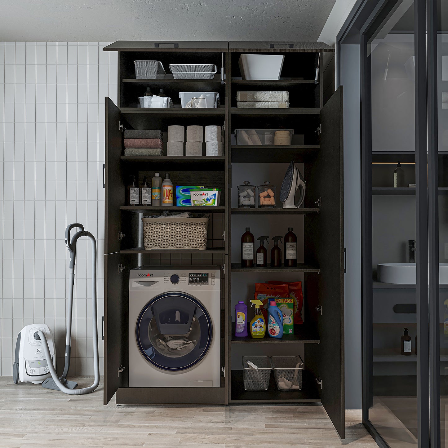 Roomart Waschmaschinenschrank „DORA 130 cm Breit“ für Waschmaschine & Trockner mit Regalböden, in 5 Farben • Weiß • Weiß Eiche • Anthrazit Eiche • Eiche • Schwarz Eiche (Kopie)