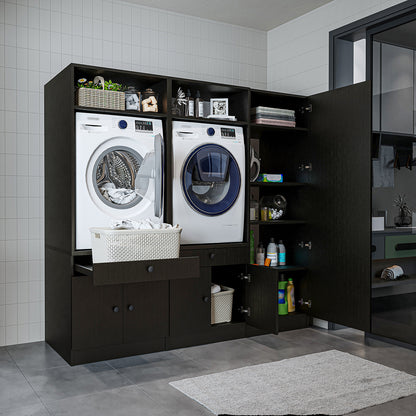Roomart Schrankwand für Waschküche & Hauswirtschaftsraum - SERIE 1 - 114 cm breit, mit Ausziehbrett & Stauraum, Waschmaschinen-Schrankkombination, in 3 Farben (Weiß, Schwarz-Eiche)