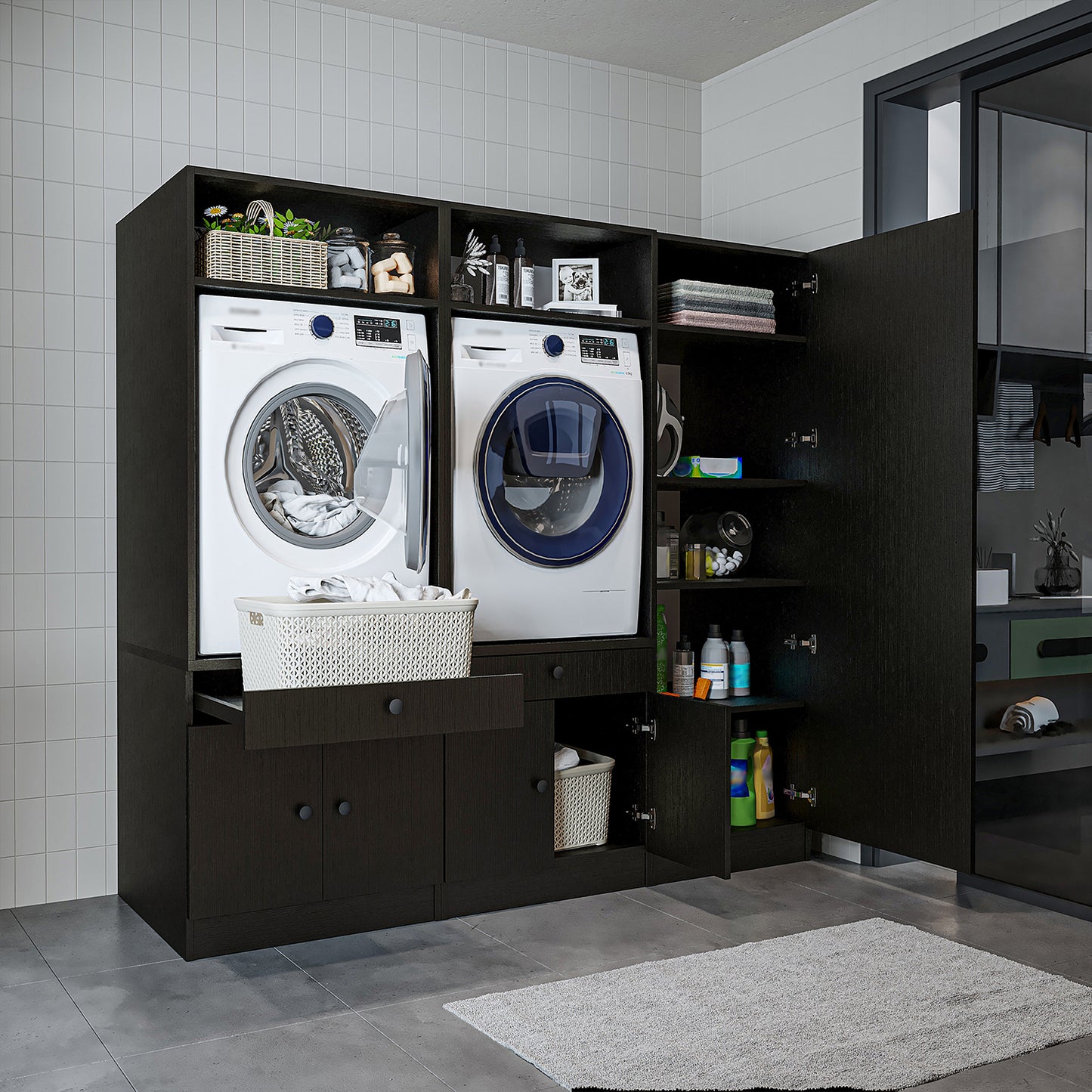 Roomart Waschmaschinenschrank SERIE 3 – 194 cm breit, 2× Waschmaschine nebeneinander mit Ausziehbrett & Hochschrank – Waschküche & Hauswirtschaftsraum – Eiche / Schwarz-Eiche / Weiß