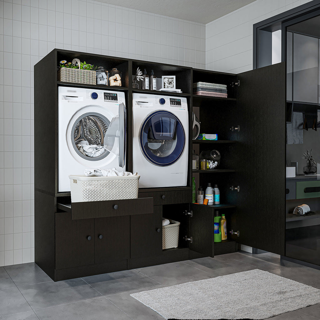 Roomart Waschmaschinenschrank SERIE 3 – 194 cm breit, 2× Waschmaschine nebeneinander mit Ausziehbrett & Hochschrank – Waschküche & Hauswirtschaftsraum – Eiche / Schwarz-Eiche / Weiß