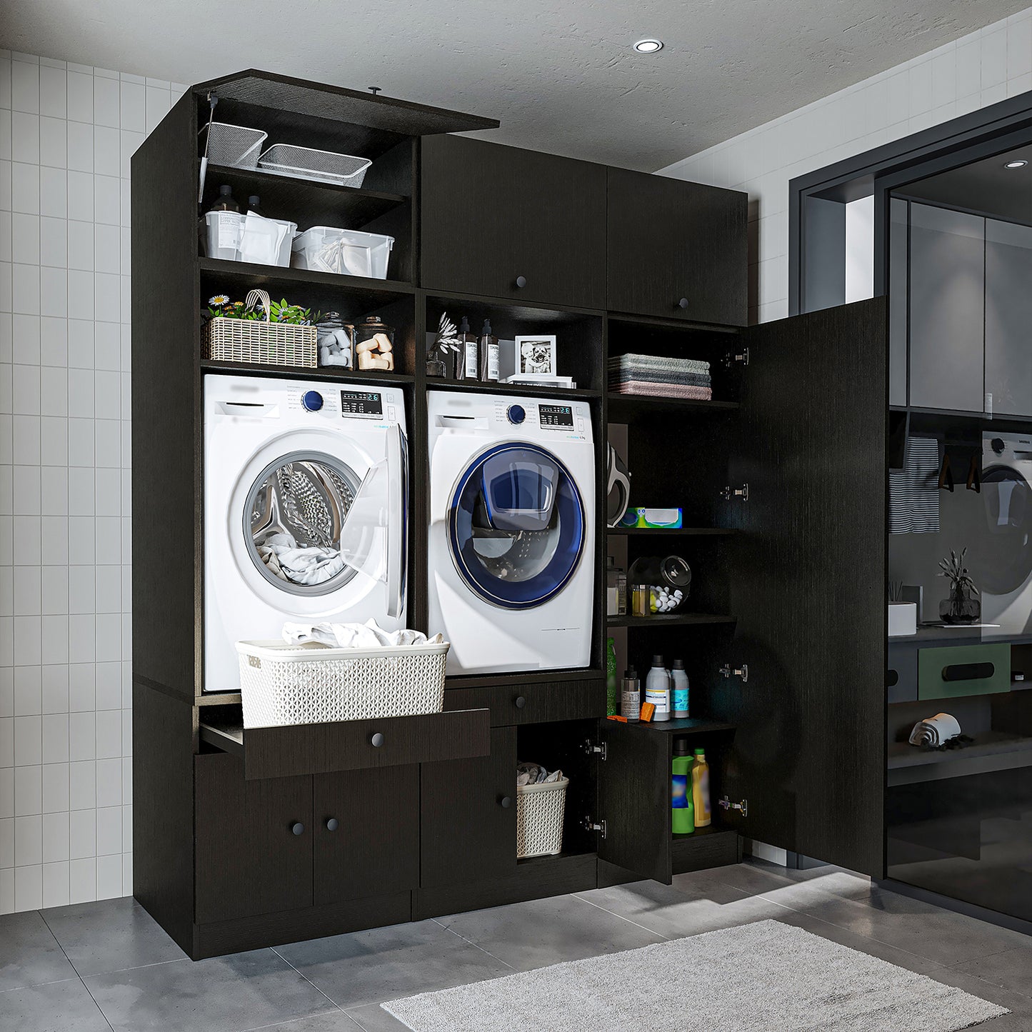 Roomart Schrankwand für Waschküche & Hauswirtschaftsraum - SERIE 1 - 114 cm breit, mit Ausziehbrett & Stauraum, Waschmaschinen-Schrankkombination, in 3 Farben (Weiß, Schwarz-Eiche)