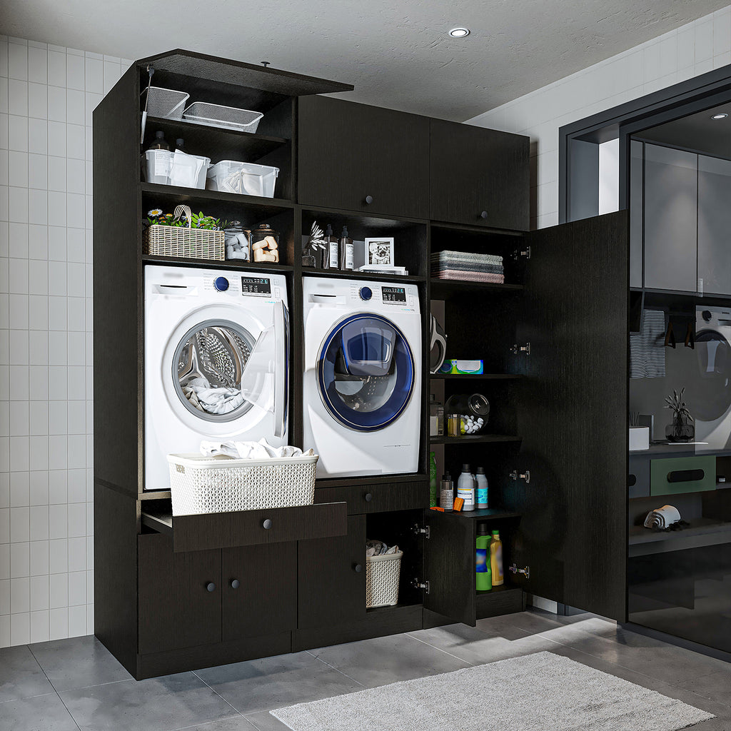 Roomart Schrankwand für Waschküche & Hauswirtschaftsraum - SERIE 1 - 114 cm breit, mit Ausziehbrett & Stauraum, Waschmaschinen-Schrankkombination, in 3 Farben (Weiß, Schwarz-Eiche)