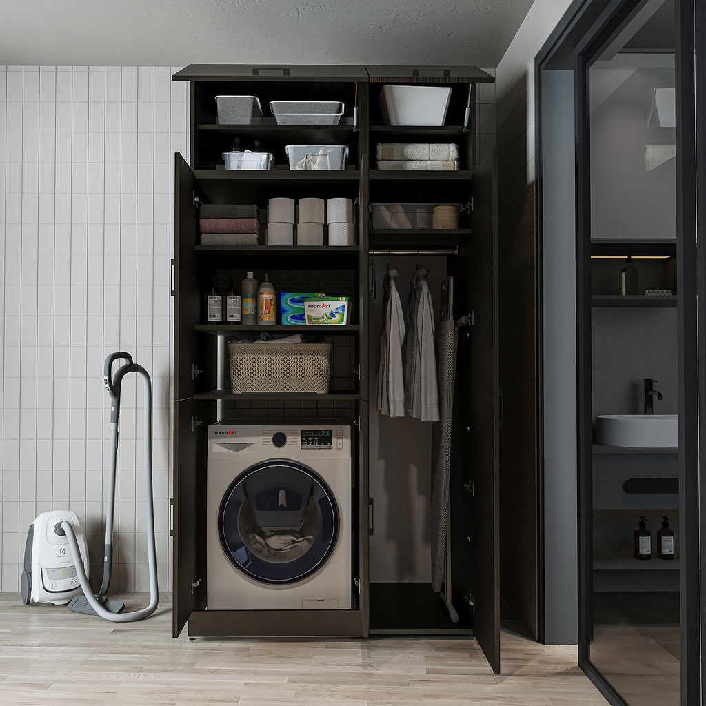 Roomart Waschmaschinenschrank „DORA 115 cm Breit“ für Waschmaschine & Trockner mit Regalböden, in 5 Farben • Weiß • Weiß Eiche • Anthrazit Eiche • Eiche • Schwarz Eiche