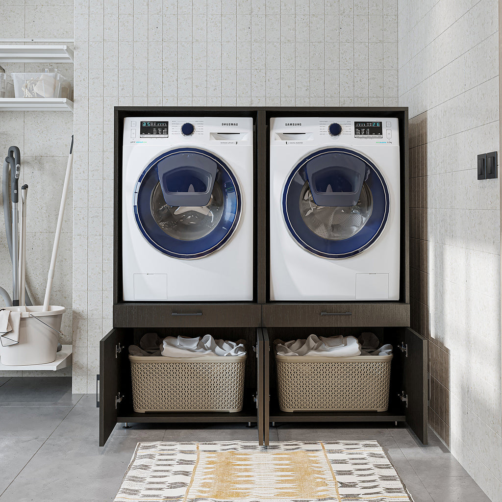 Roomart Waschmaschinenschrank - SERIE 3 –  134 cm breit, Doppelschrank Überbauschrank, mit Ausziehbrett, Waschturm für Waschmaschine & Trockner, in 3 Farben