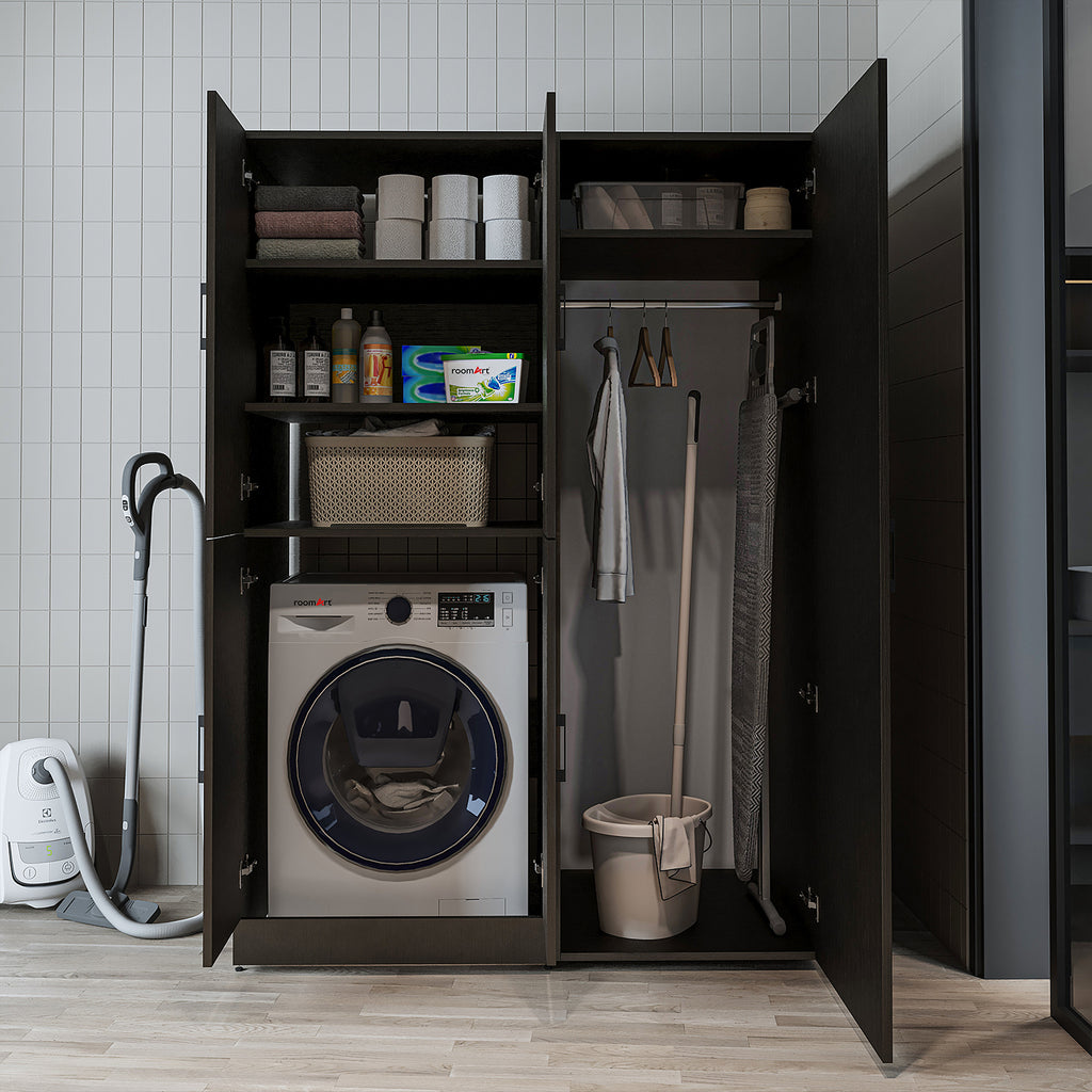 Roomart Waschmaschinenschrank „DORA 130 cm Breit“ für Waschmaschine & Trockner mit Regalböden, in 5 Farben • Weiß • Weiß Eiche • Anthrazit Eiche • Eiche • Schwarz Eiche (Kopie)