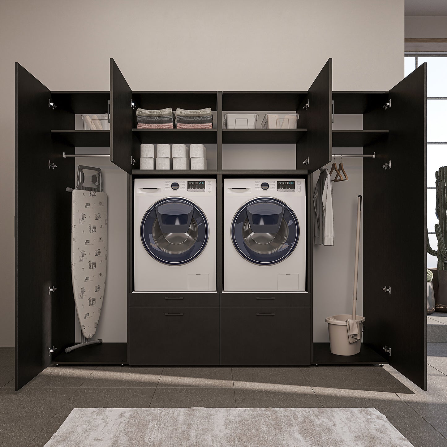 Roomart Waschmaschinenschrank SERIE-III Schrankwand 254 cm – 2 Geräte, Soft-Close | 3 Farben