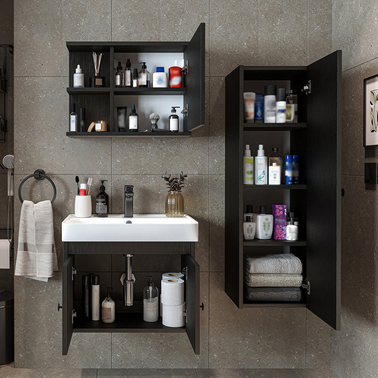 Roomart Badmöbelset ADA – 3-teiliges Badezimmermöbel Set mit Waschbecken, Unterschrank, Spiegelschrank & Seitenschrank – modernes Badmöbel