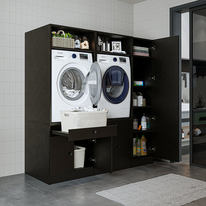 Roomart Waschmaschinenschrank Doppelschrank SERIE 3 – 179 cm breit, 2× Waschmaschine nebeneinander mit Ausziehbrett & Hochschrank – Waschküche & Hauswirtschaftsraum – Eiche / Schwarz-Eiche / Weiß