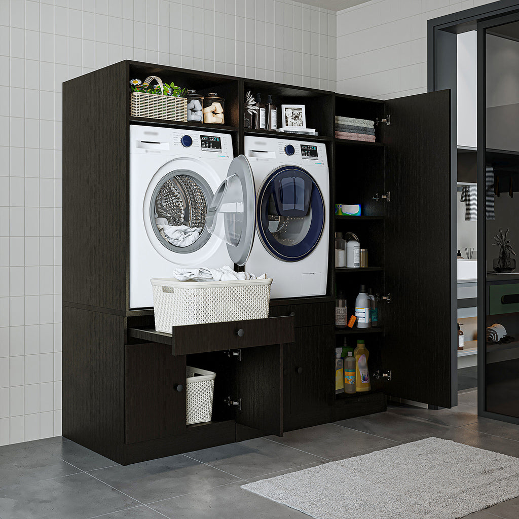 Roomart Waschmaschinenschrank Doppelschrank SERIE 3 – 179 cm breit, 2× Waschmaschine nebeneinander mit Ausziehbrett & Hochschrank – Waschküche & Hauswirtschaftsraum – Eiche / Schwarz-Eiche / Weiß