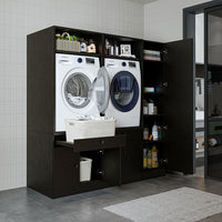 Roomart Waschmaschinenschrank Doppelschrank SERIE 3 – 179 cm breit, 2× Waschmaschine nebeneinander mit Ausziehbrett & Hochschrank – Waschküche & Hauswirtschaftsraum – Eiche / Schwarz-Eiche / Weiß