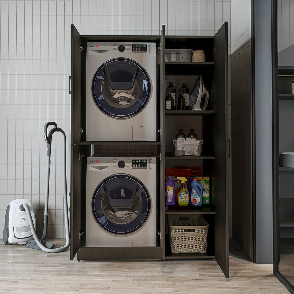 Roomart Waschmaschinenschrank „DORA 115 cm Breit“ für Waschmaschine & Trockner mit Regalböden, in 5 Farben • Weiß • Weiß Eiche • Anthrazit Eiche • Eiche • Schwarz Eiche