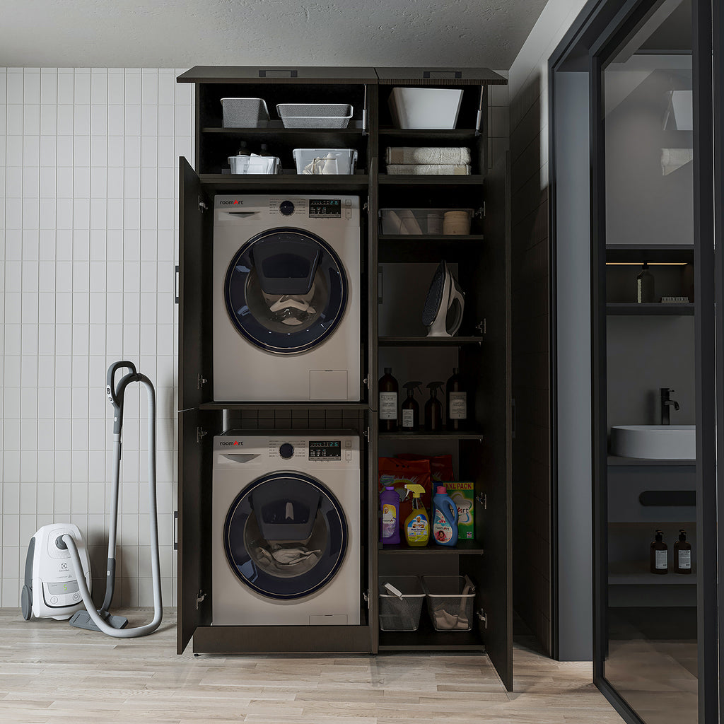 Roomart Waschmaschinenschrank „DORA 115 cm Breit“ für Waschmaschine & Trockner mit Regalböden, in 5 Farben • Weiß • Weiß Eiche • Anthrazit Eiche • Eiche • Schwarz Eiche