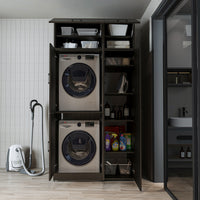 Roomart Waschmaschinenschrank „DORA 115 cm Breit“ für Waschmaschine & Trockner mit Regalböden, in 5 Farben • Weiß • Weiß Eiche • Anthrazit Eiche • Eiche • Schwarz Eiche