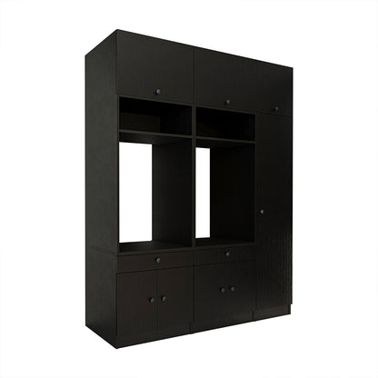 Roomart Waschmaschinenschrank SERIE 3 – 179 cm breit, 2× Waschmaschine nebeneinander mit Klappschrank, Ausziehbrett & Hochschrank – Waschküche & Hauswirtschaftsraum – Eiche / Schwarz-Eiche / Weiß