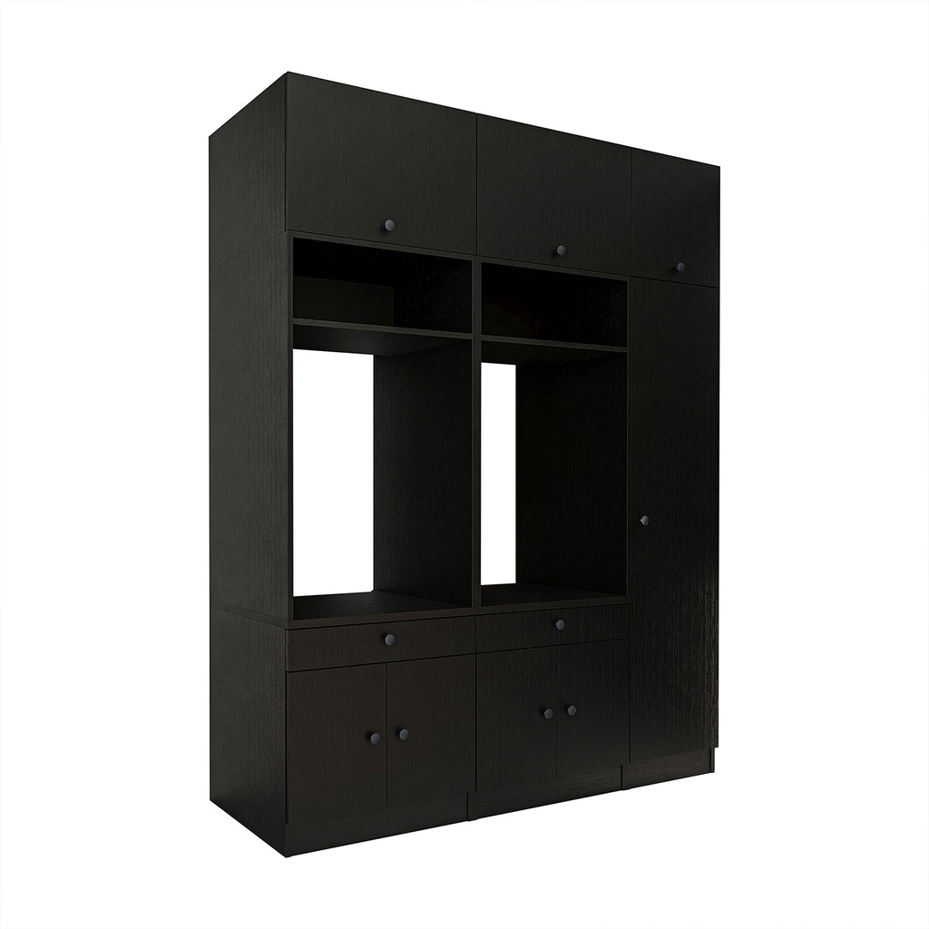 Roomart Waschmaschinenschrank SERIE 3 – 179 cm breit, 2× Waschmaschine nebeneinander mit Klappschrank, Ausziehbrett & Hochschrank – Waschküche & Hauswirtschaftsraum – Eiche / Schwarz-Eiche / Weiß