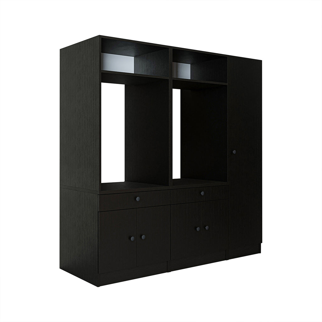 Roomart Waschmaschinenschrank Doppelschrank SERIE 3 – 179 cm breit, 2× Waschmaschine nebeneinander mit Ausziehbrett & Hochschrank – Waschküche & Hauswirtschaftsraum – Eiche / Schwarz-Eiche / Weiß